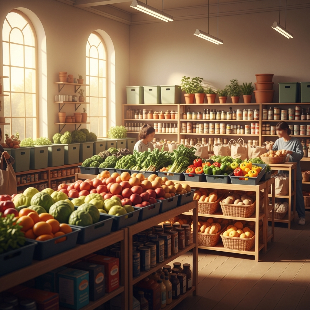 A bright community food pantry stocked with fresh produce and shelf-stable goods